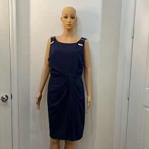 London Dress Sz 14 Navy Blue Gold Scoop Neck Sleeveless Ruched Waist Midi New